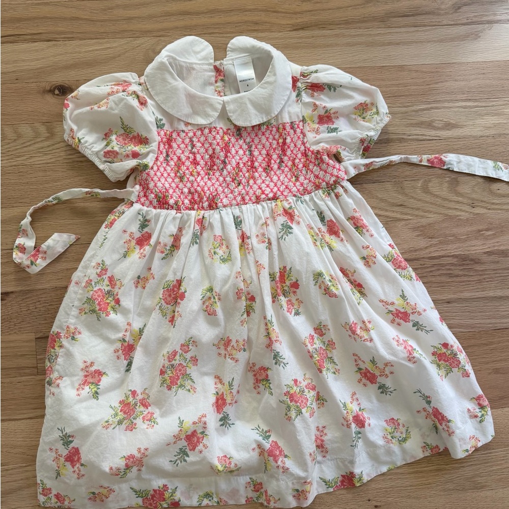 Nordstrom White Dress with Pink Floral Smocking